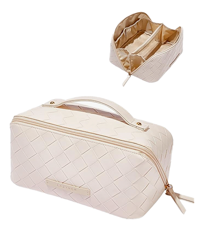 cream woven makeup bag