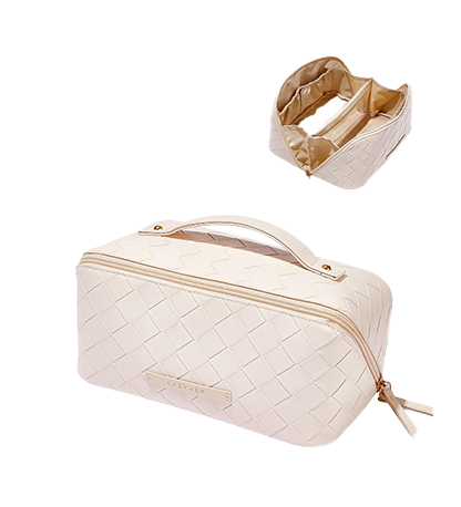 cream woven makeup bag